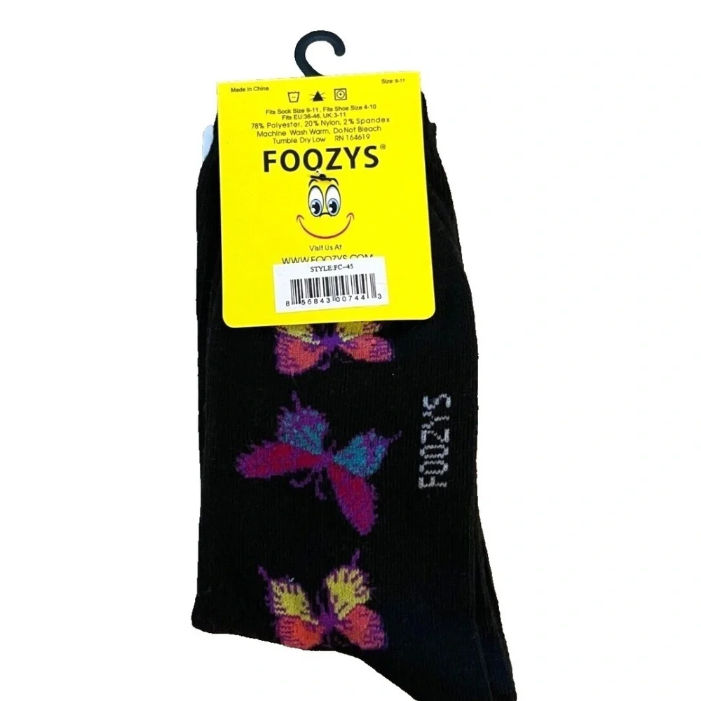 Foozys‎ Women's Crew Socks; Butterflies; Black; Women's Size 9-11